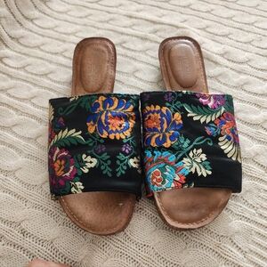 Adam Tucker Black Sandals with Floral Embroidery